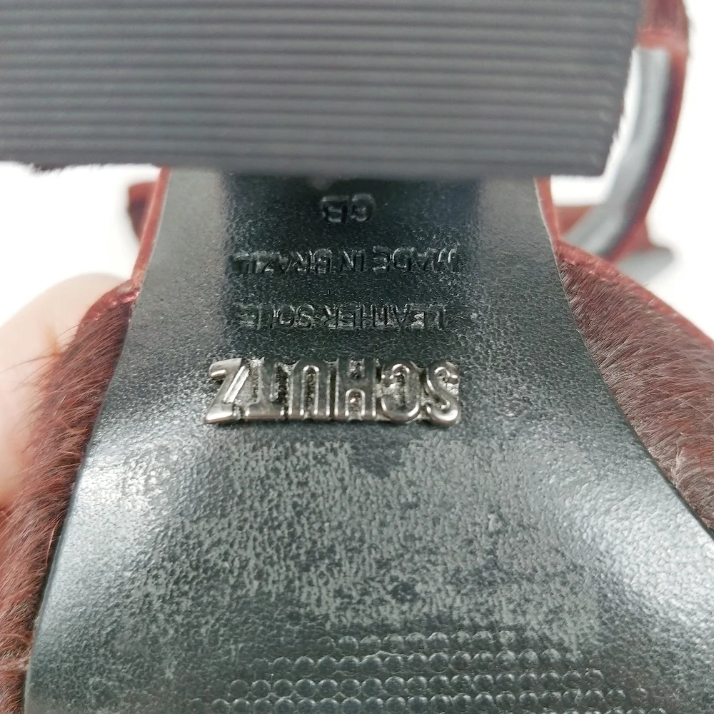 Schutz Peep Toe Pony Hair‎ Chunky Block Heel Size 6 Ankle Strap Burgundy